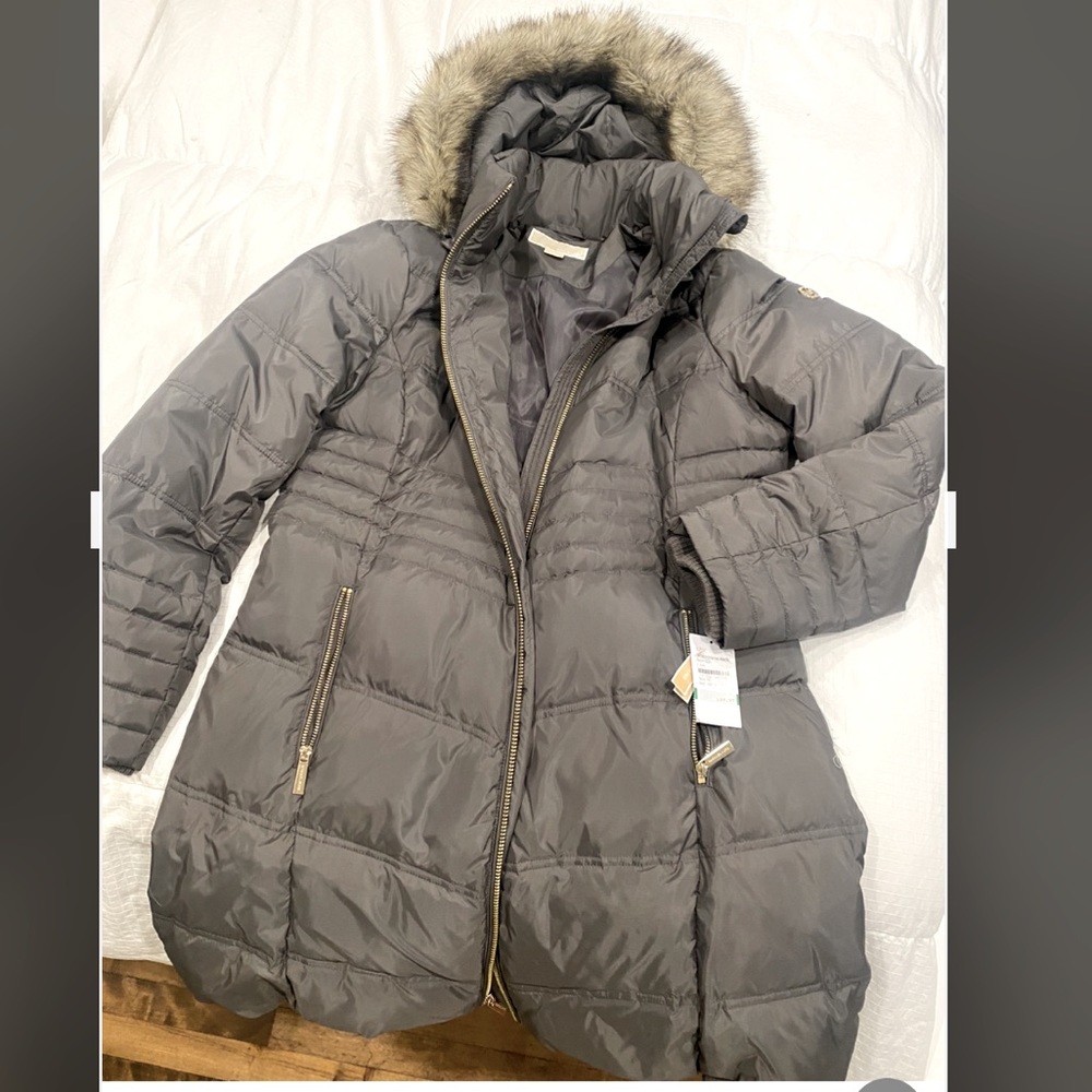 Michael Kors brand new long winter coat in Taupe with tags in size L.